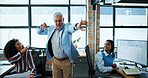 Dance, energy or music and boss in office with employee team for celebration or milestone. Business, excitement and having fun with happy design manager in creative workplace for success or target