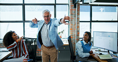 Buy stock photo Dance, energy or music and boss in office with employee team for celebration or milestone. Business, excitement and having fun with happy design manager in creative workplace for success or target