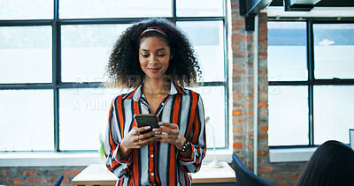 Buy stock photo Creative agency, businesswoman and smile with smartphone for message, online news and contact in office. Workplace, female person and worker on break with digital, blog application and social media