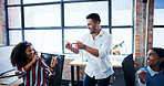 Dancing, employee and man with colleagues, happiness and celebration for success in marketing agency. Silly, people and goofy for promotion in company, laughing or excited for achievement in business
