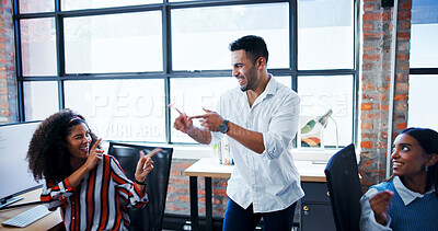 Buy stock photo Dancing, employee and man with colleagues, happiness and celebration for success in marketing agency. Silly, people and goofy for promotion in company, laughing or excited for achievement in business