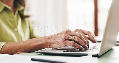 Buy stock photo Hands, research and laptop with old woman at home for retirement fund savings, pensioner asset and budget. Tax return, planning and loan approval with closeup of senior person for online finance