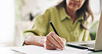 Hands, writing and documents with old woman at home for retirement fund savings, signature and budget. Tax return, paperwork planning and loan approval with closeup of senior person and laptop