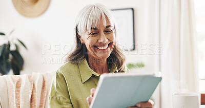 Buy stock photo Smile, reading and tablet with old woman at home for retirement fund savings, pensioner asset and budget. Tax return, planning and loan approval with senior person in apartment for online finance