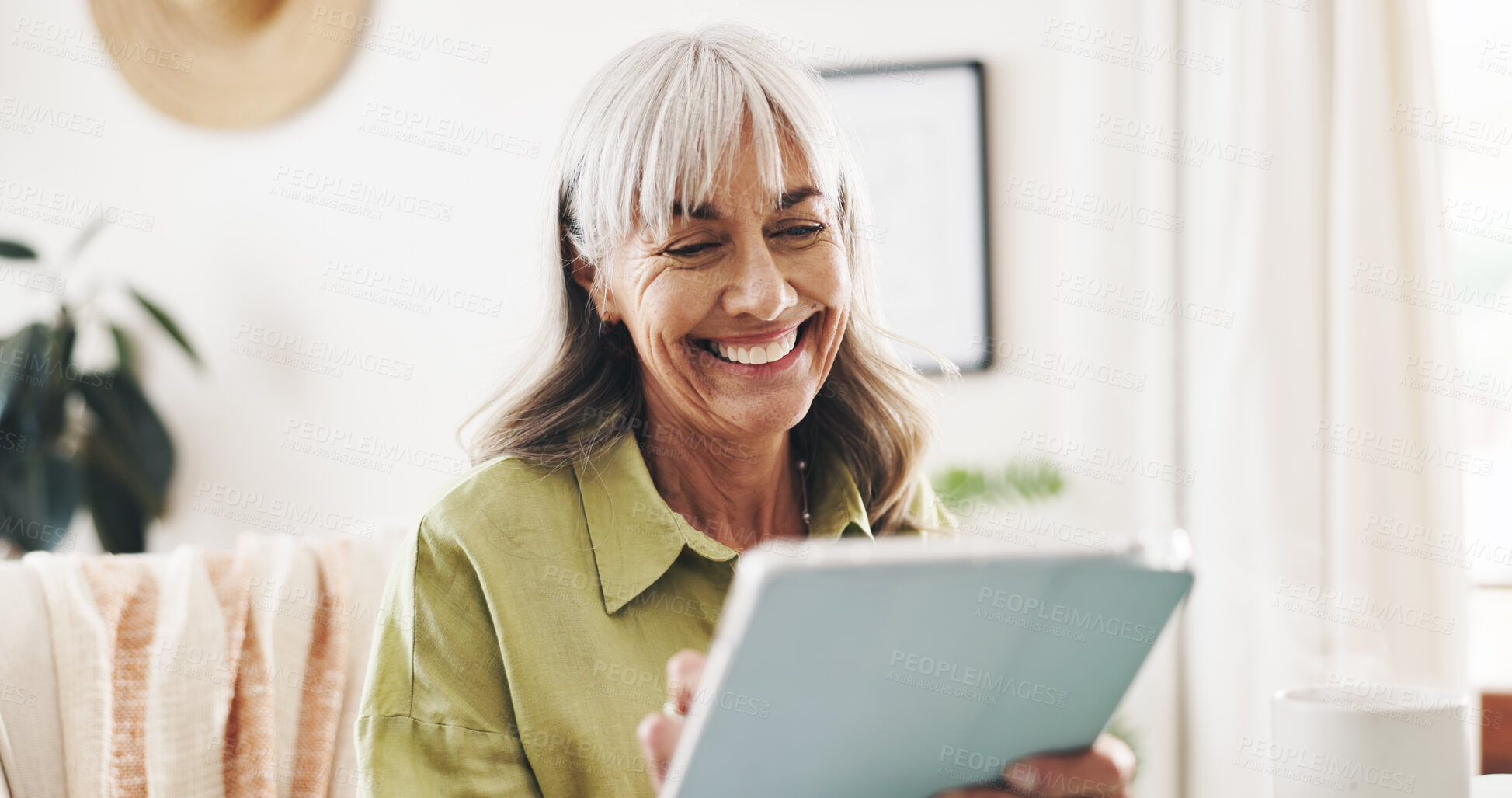 Buy stock photo Smile, reading and tablet with old woman at home for retirement fund savings, pensioner asset and budget. Tax return, planning and loan approval with senior person in apartment for online finance