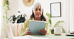 Worry, reading and tablet with old woman at home for retirement fund savings, life insurance payment and anxiety. Tax audit, bankruptcy and loan interest with senior person in apartment for debt