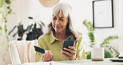 Buy stock photo Phone, credit card and mature woman in home for online shopping or ecommerce order with sale. Relax, cellphone and female person with banking app for payment, transaction or deposit in house.