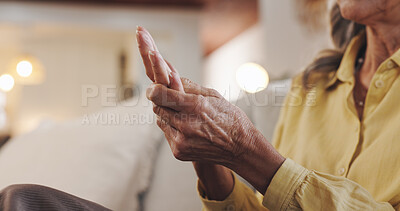 Buy stock photo Senior woman, pain and hand for arthritis inflammation, medical problem and osteoporosis. Elderly person, palm massage and muscle injury in home with fibromyalgia, rheumatism risk and joint ache