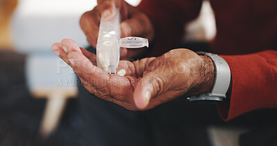 Buy stock photo Hands, pills and tablets for arthritis, pain and illness or chronic disease treatment. Elderly, senior person and pharma with drugs for retirement, wellness and healthcare schedule for recovery