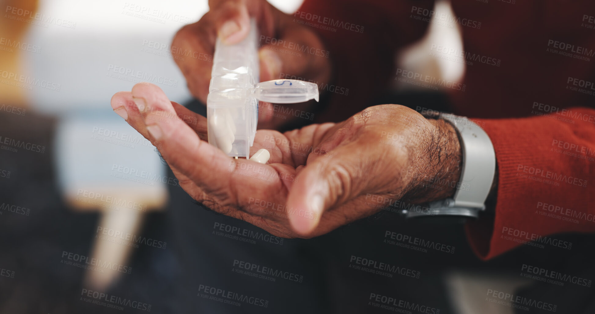 Buy stock photo Hands, pills and tablets for arthritis, pain and illness or chronic disease treatment. Elderly, senior person and pharma with drugs for retirement, wellness and healthcare schedule for recovery