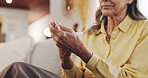 Elderly woman, pain and hand for arthritis inflammation, medical problem and osteoporosis. Senior person, palm massage and muscle injury in home with fibromyalgia, rheumatism risk and joint ache