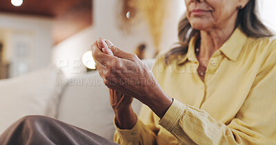 Buy stock photo Elderly woman, pain and hand for arthritis inflammation, medical problem and osteoporosis. Senior person, palm massage and muscle injury in home with fibromyalgia, rheumatism risk and joint ache
