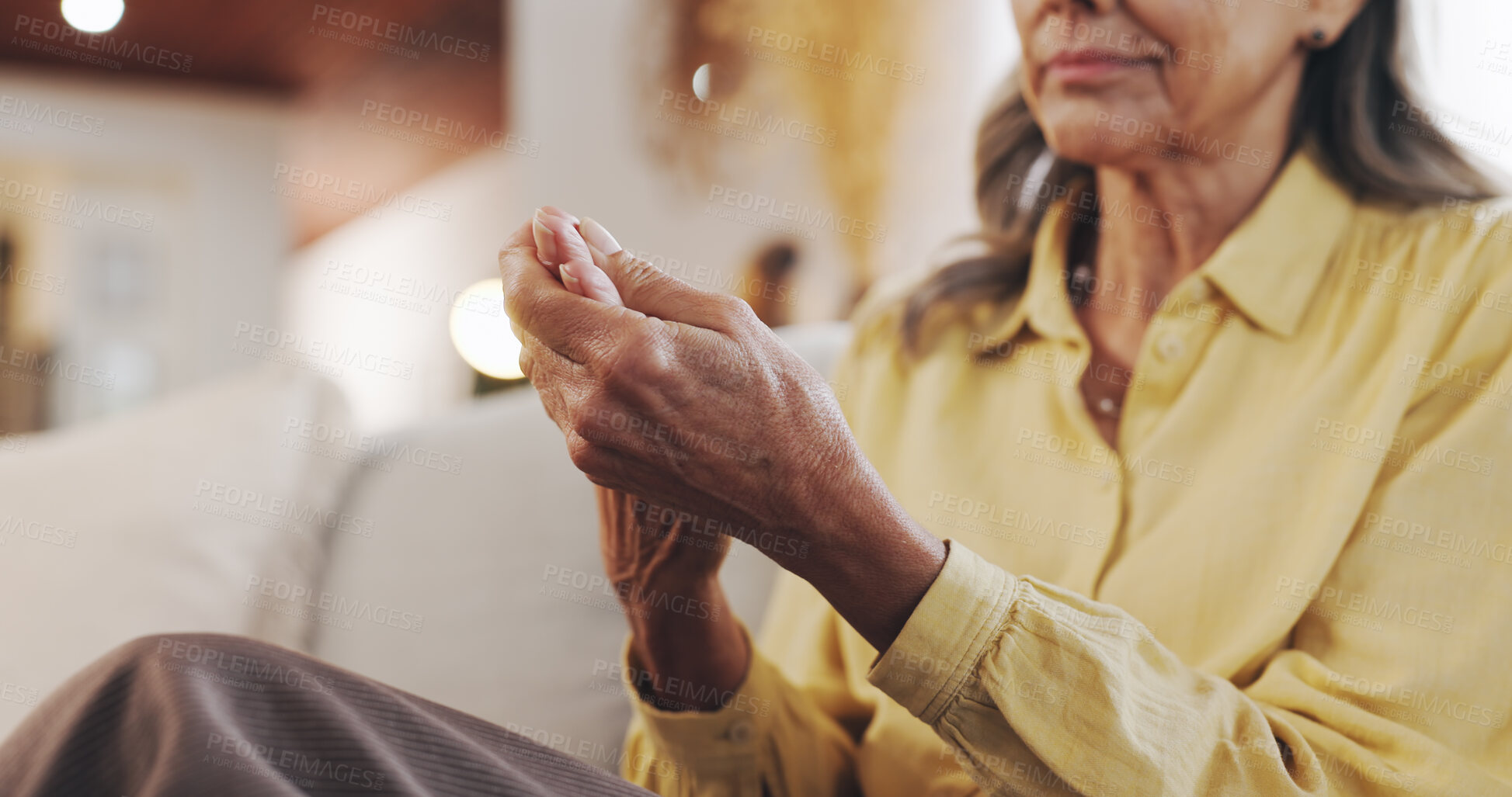 Buy stock photo Elderly woman, pain and hand for arthritis inflammation, medical problem and osteoporosis. Senior person, palm massage and muscle injury in home with fibromyalgia, rheumatism risk and joint ache