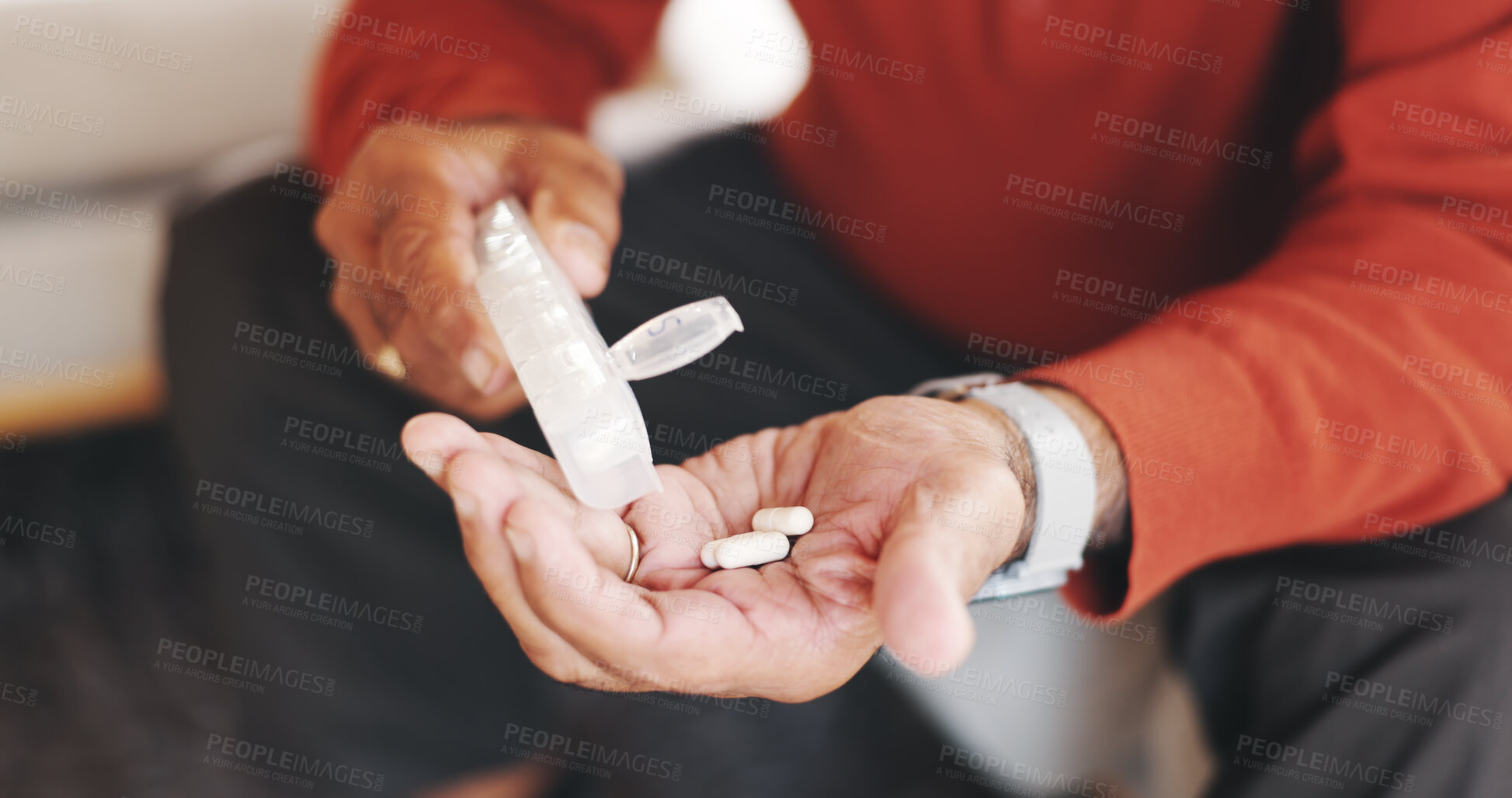 Buy stock photo Hands, pills and capsule for arthritis, pain and illness or chronic disease treatment. Elderly, senior person and pharma with drugs for retirement, wellness and healthcare schedule for recovery