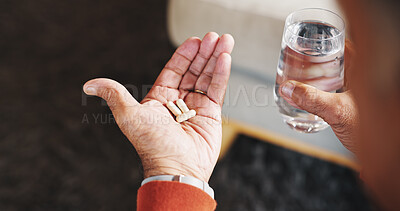 Buy stock photo Hands, pills and water for arthritis, pain and illness or chronic disease treatment. Elderly, senior person and drinking with drugs for retirement, wellness and healthcare schedule for recovery