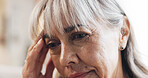 Senior, woman and thinking with headache in home for retirement debt, decision mistake and pressure. Elderly person, face and tension migraine with pension stress, overwhelmed and financial crisis