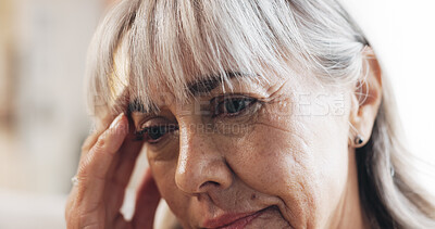 Buy stock photo Senior, woman and thinking with headache in home for retirement debt, decision mistake and pressure. Elderly person, face and tension migraine with pension stress, overwhelmed and financial crisis