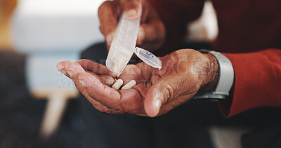 Buy stock photo Hands, pills and medication for arthritis, pain and illness or chronic disease treatment. Elderly, senior person and pharma with drugs for retirement, wellness and healthcare schedule for recovery