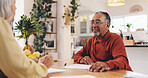 Old man, financial advisor and consultation with paperwork in home for insurance planning, pension fund and contract. Happy, woman and elderly client with documents for budgeting and asset management