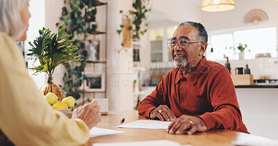 Buy stock photo Old man, financial advisor and consultation with paperwork in home for insurance planning, pension fund and contract. Happy, woman and elderly client with documents for budgeting and asset management