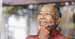 Senior man, happy and thinking at window with retirement planning, reflection and remember memory. Space, elderly person and thoughtful in home with wondering, perspective and insight on decision