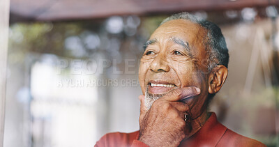 Senior man, happy and thinking at window with retirement planning, reflection and remember memory. Space, elderly person and thoughtful in home with wondering, perspective and insight on decision