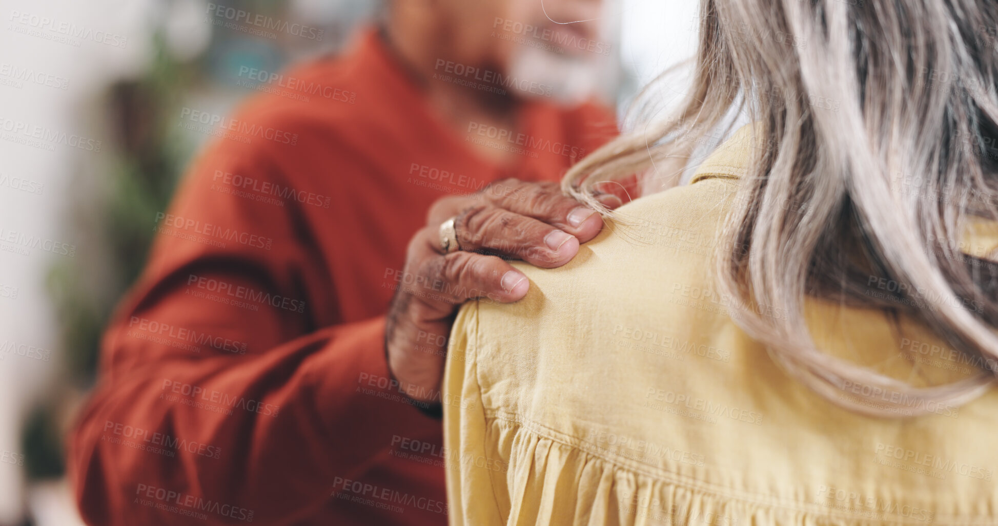 Buy stock photo Home, old couple and hand on shoulder for empathy, support and comfort to partner with grief. Closeup, senior woman and elderly man with sympathy for loss, compassion and kindness with love in house