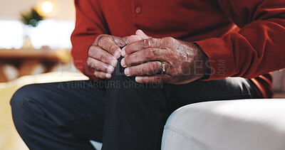 Buy stock photo Accident, hands and knee pain with mature person on sofa in living room of home for arthritis. Emergency, injury or joint inflammation and senior in apartment with osteoarthritis or tendinitis