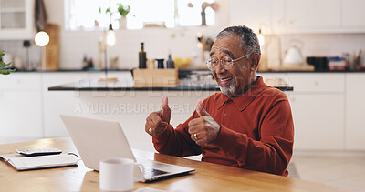 Buy stock photo Senior man, laptop and thumbs up for video call in kitchen for tax, documents or review for pension. Elderly person, computer and sign for financial advisor with yes, deal and retirement plan in home