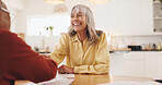 Home, paperwork and old man with financial advisor for handshake, greeting or deal for insurance. House, senior person and retirement planner with shaking hands for pension finance, saving or welcome