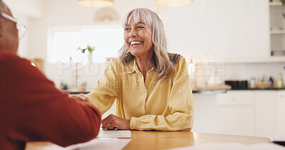 Buy stock photo Home, paperwork and old man with financial advisor for handshake, greeting or deal for insurance. House, senior person and retirement planner with shaking hands for pension finance, saving or welcome
