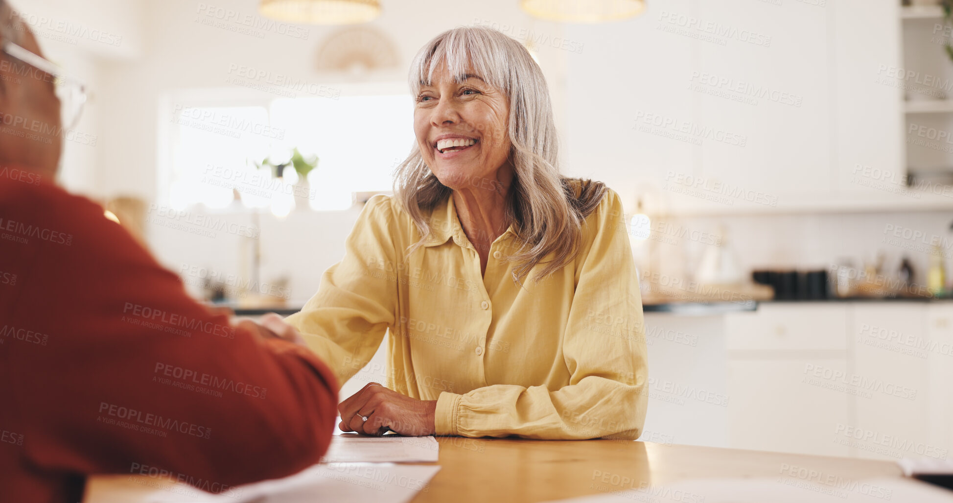 Buy stock photo Home, paperwork and old man with financial advisor for handshake, greeting or deal for insurance. House, senior person and retirement planner with shaking hands for pension finance, saving or welcome