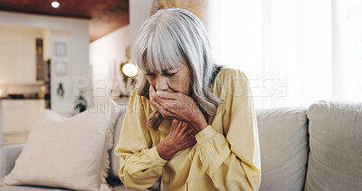 Buy stock photo Cough, chest pain and sick with old woman on sofa for pneumonia, medical emergency and asthma. Illness, healthcare risk and lung cancer with senior person in living room at home for breathing crisis