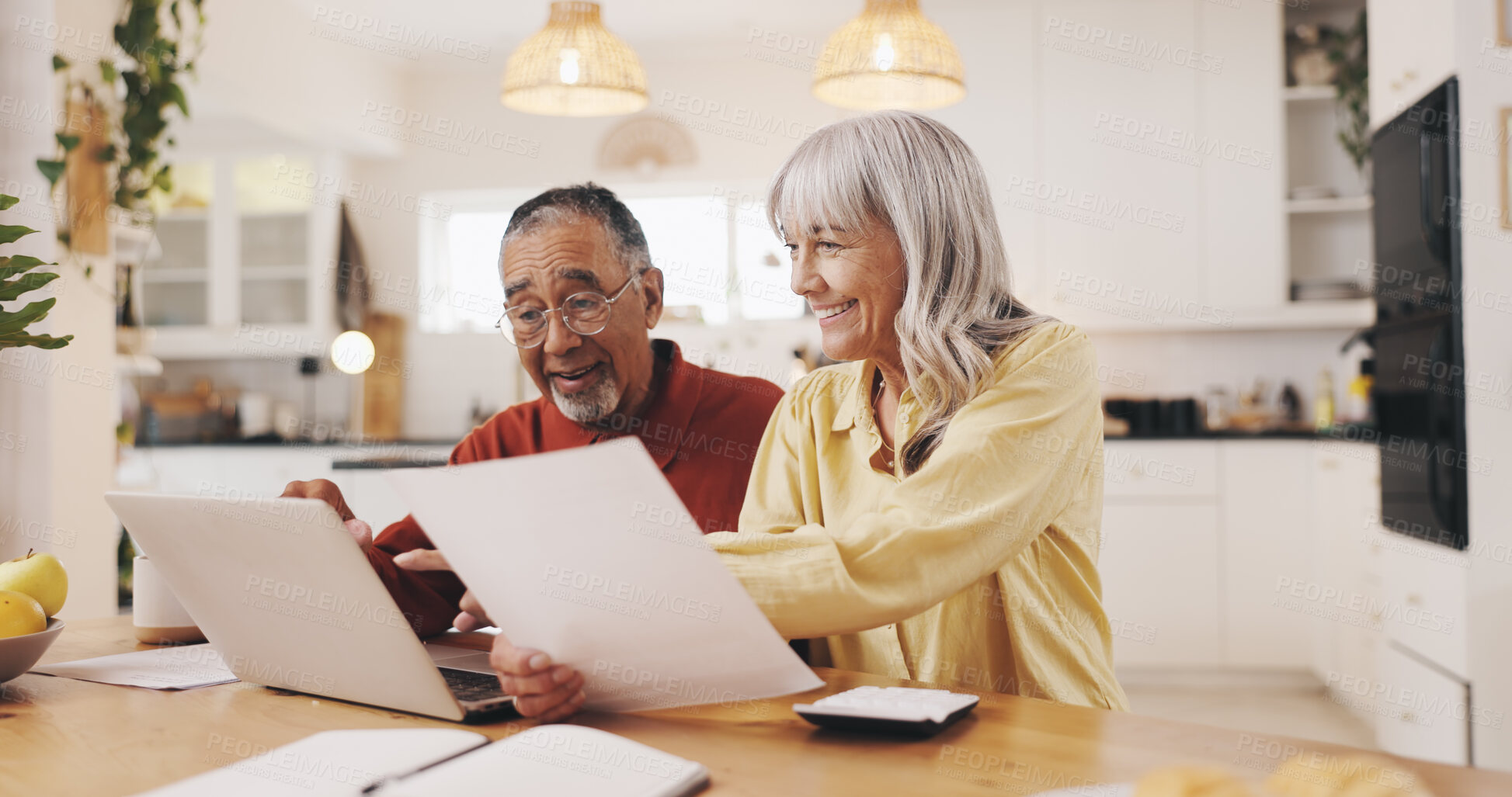 Buy stock photo Senior couple, laptop and finance in kitchen for results, documents or smile with review for pension. Elderly people, man and woman by pc with budget, happy and profit for retirement income in home
