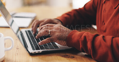Buy stock photo Laptop, hands and man typing in home office for article, news or research for remote work. Freelance journalist, keyboard and mature person writing report, editing or creative publication on internet