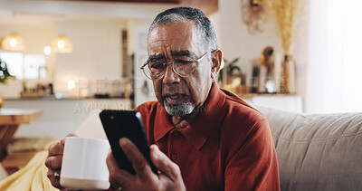 Buy stock photo Senior man, phone and confused with living room, sofa and reading online news blog post. Question, digital technology and mature person with internet spam, social media and retirement at home