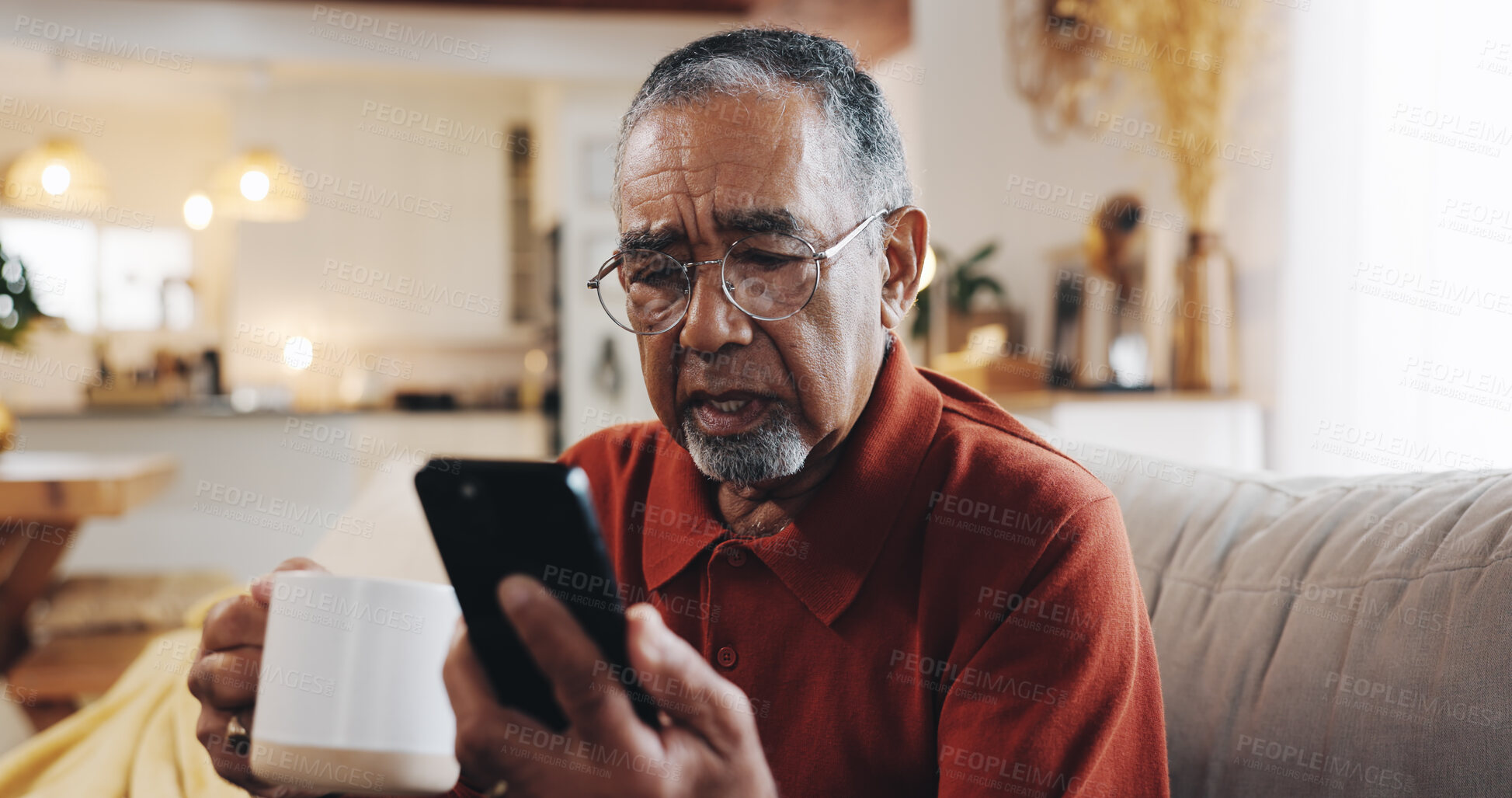 Buy stock photo Senior man, phone and confused with living room, sofa and reading online news blog post. Question, digital technology and mature person with internet spam, social media and retirement at home