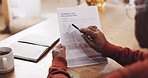Hands, person and document for retirement at house with identity, info and reading with application. Legal paperwork, review and sign up with registration, contract and accommodation at nursing home