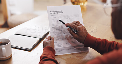 Buy stock photo Hands, person and document for retirement at house with identity, info and reading with application. Legal paperwork, review and sign up with registration, contract and accommodation at nursing home