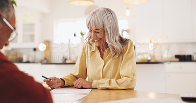 Buy stock photo Old man, financial advisor and writing on paperwork in home for insurance application, pension fund and contract. Happy, woman and elderly patient with documents for mortgage loan or asset management