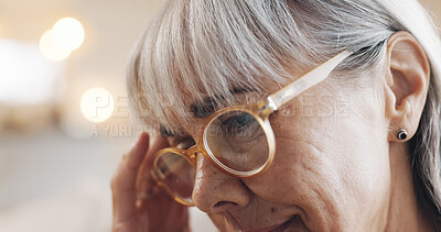 Buy stock photo Senior, woman and thinking with headache in retirement for financial debt, regret decision and overwhelmed. Elderly person, face and tension migraine with pension stress, mental health and anxiety