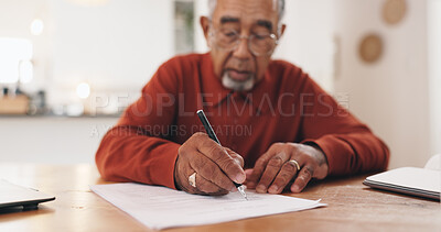 Buy stock photo Senior man, finance and writing with documents for retirement funding, tax and compliance in home. Elderly person, signature and paperwork for pension, budget and review for investment at apartment