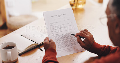 Buy stock photo Hands, person and document for will at house with pen, information or reading in morning. Legal paperwork, review and registration for testament, contract or administration for assets at nursing home