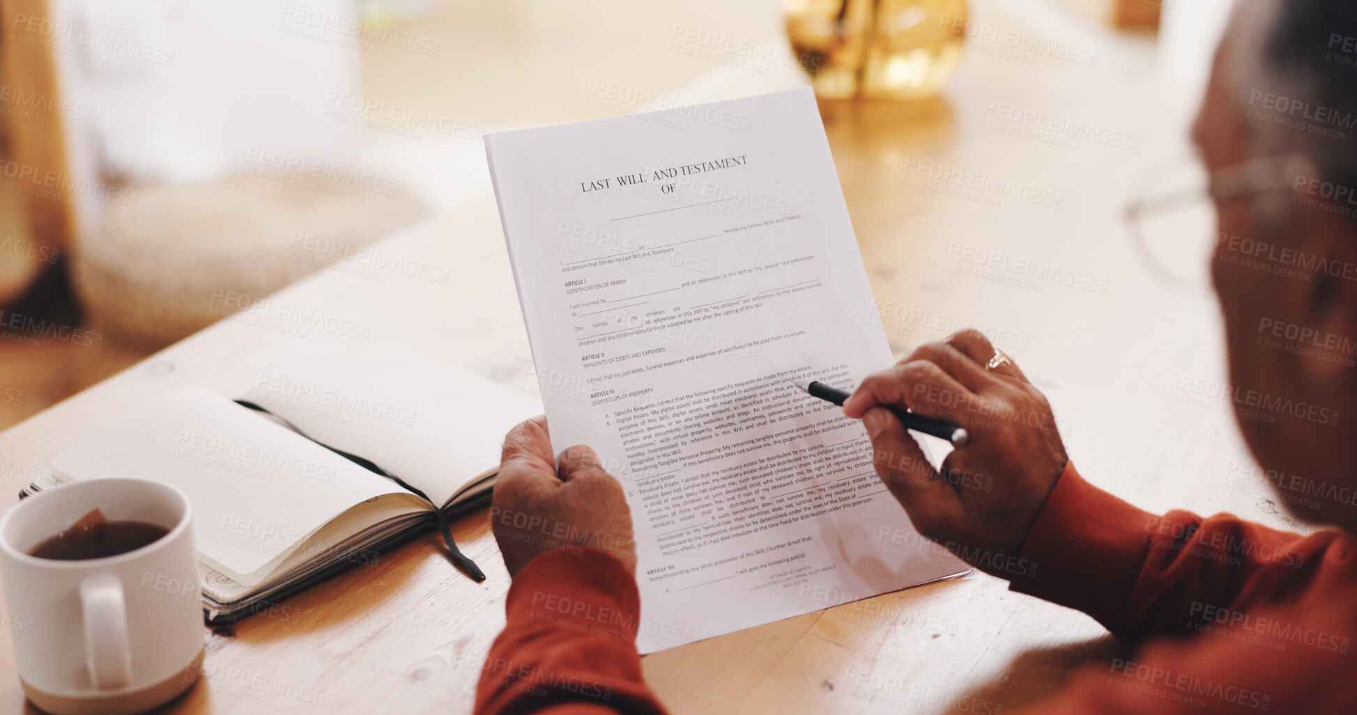 Buy stock photo Hands, person and document for will at house with pen, information or reading in morning. Legal paperwork, review and registration for testament, contract or administration for assets at nursing home