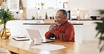 Senior man, laptop and finance with smile in home, documents and review for pension funding. Elderly person, computer and paperwork with budget, happy and investing for retirement income in kitchen