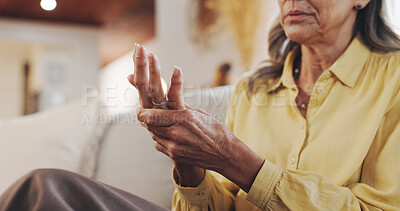 Buy stock photo Mature woman, hand pain and arthritis for joint inflammation, medical problem and osteoporosis. Senior person, finger massage and muscle injury in home with fibromyalgia, carpal tunnel risk and ache