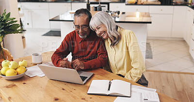Buy stock photo Elderly couple, laptop and finance in home with documents, results or smile with goal for pension. Interracial relationship, man and woman for investing, happy or email for retirement income in house