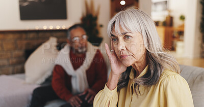 Buy stock photo Senior woman, stress and conflict with man on sofa in home with anger, ignore and retirement in lounge. Elderly couple, fight and frustrated with affair, divorce or worry for relationship in house