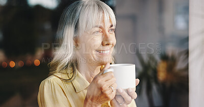 Buy stock photo Coffee, thinking and window with senior woman in retirement home for memories or nostalgia. Relax, smile and wellness with happy mature person drinking caffeine beverage in apartment for weekend