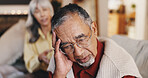 Disappointed, senior man and divorce in house, couple and depression for argument, sad and living room. Mental health, conflict and elderly person with stress for separation, betrayal and break up